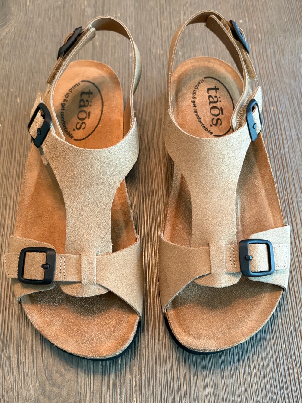Brand New with Box Taos MVP Leather Sandal in Oat Suede Size 7 US